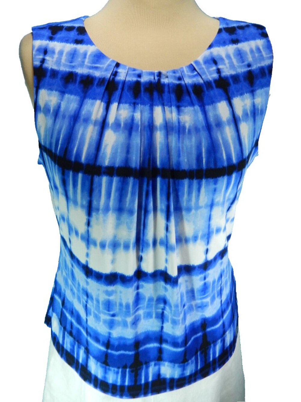 Calvin Klein Large Blue Black & White Sleeveless Pleated Neck Career Shell EUC